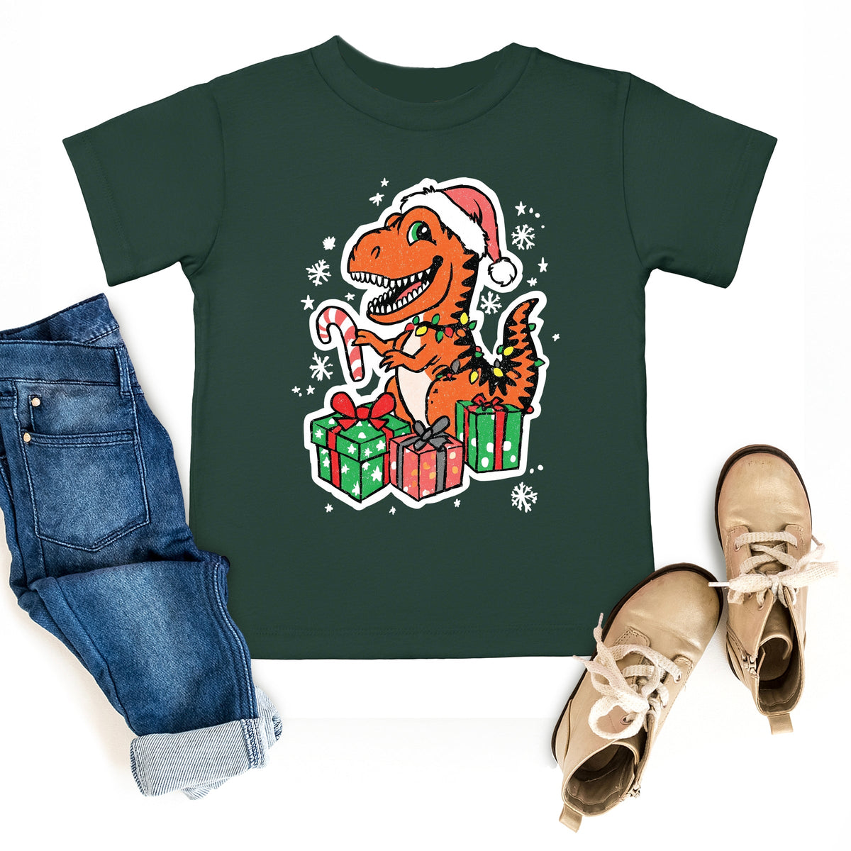 Orange Dinosaur Christmas - Toddler Short Sleeve Graphic T-Shirt
