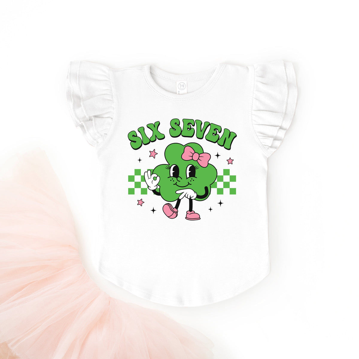 Six Seven Clover Bow - Flutter Sleeve Graphic T-Shirt