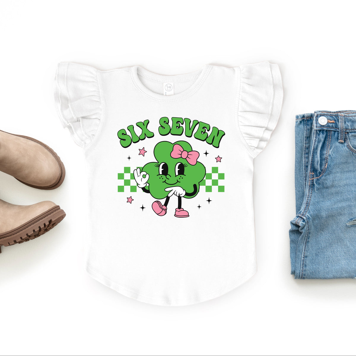 Six Seven Clover Bow - Flutter Sleeve Graphic T-Shirt