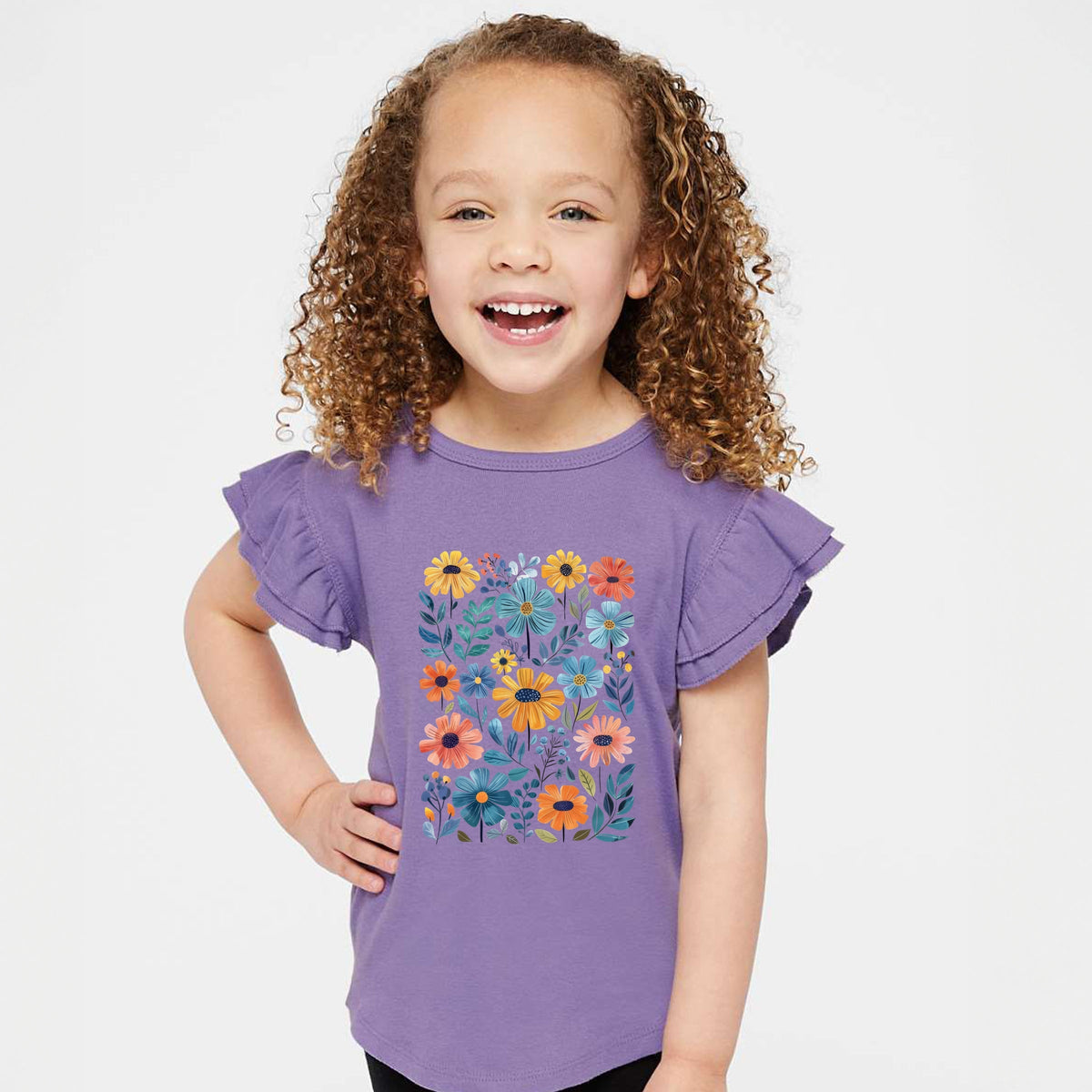 Colorful Daisies and Leaves - Flutter Sleeve Graphic T-Shirt