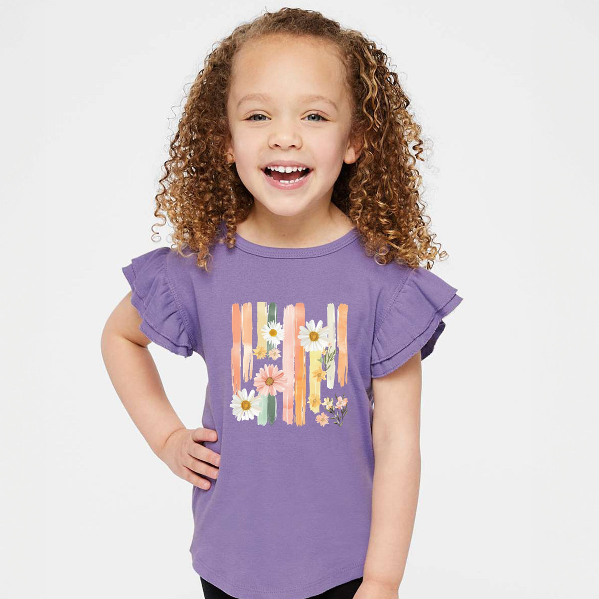 Daisies Stripes Faux Paint - Flutter Sleeve Graphic T-Shirt