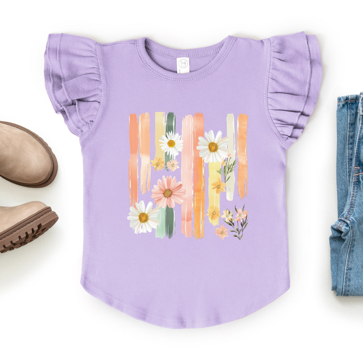 Daisies Stripes Faux Paint - Flutter Sleeve Graphic T-Shirt