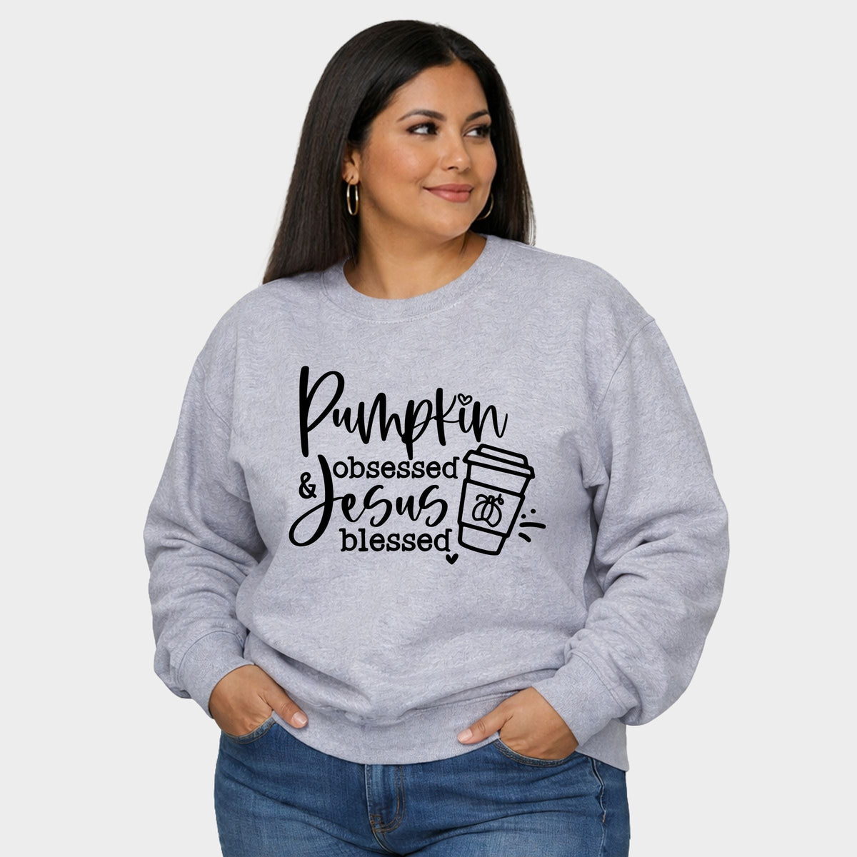 Pumpkin Obsessed Jesus Blessed - Women's Plus Sized Graphic Sweatshirt