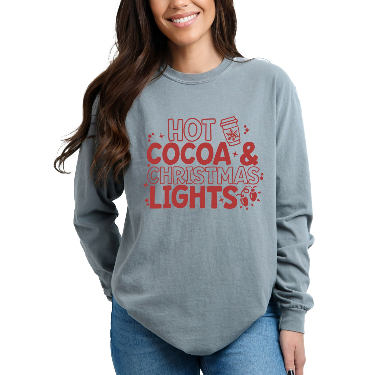 Hot Cocoa and Christmas Lights - Women's Garment Dyed Long Sleeve Graphic T-Shirt