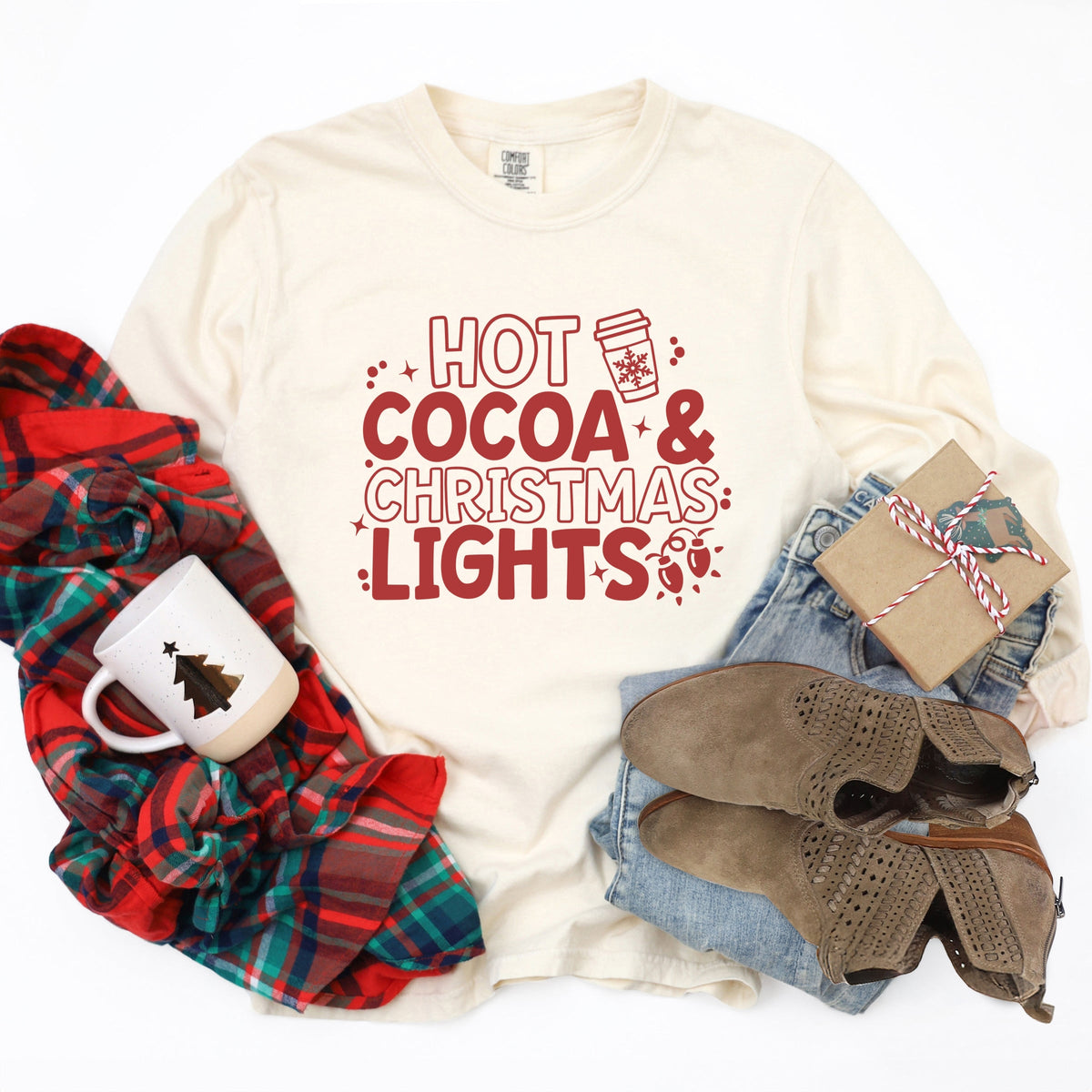 Hot Cocoa and Christmas Lights - Women's Garment Dyed Long Sleeve Graphic T-Shirt