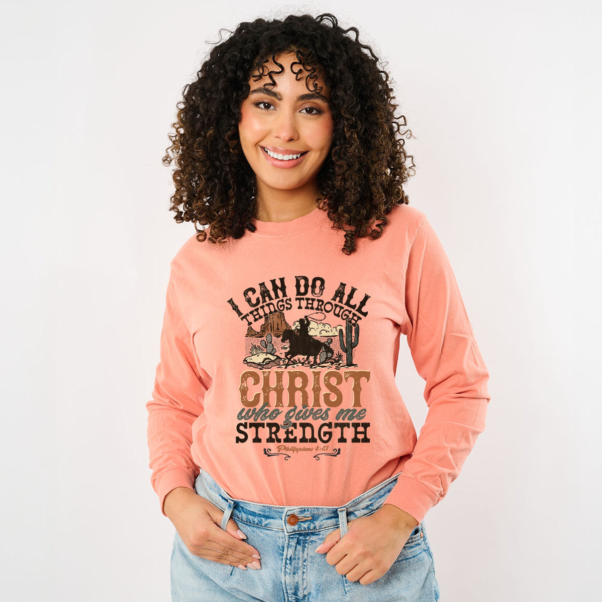 I Can Do All Things Through Christ Cowboy - Women's Garment Dyed Long Sleeve Graphic T-Shirt