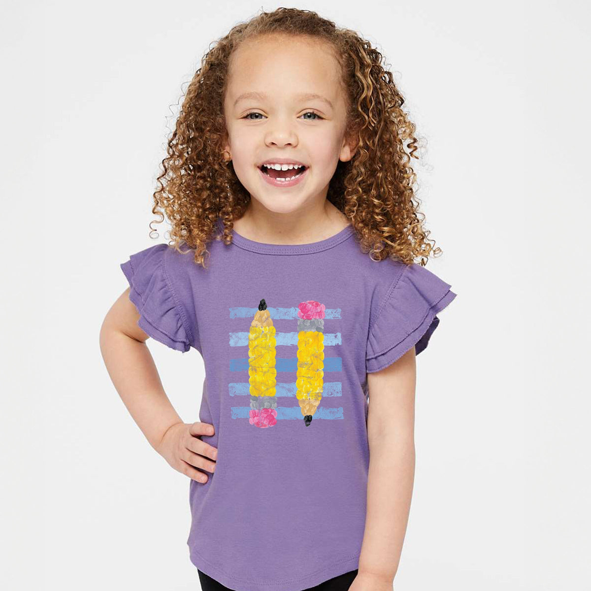 Pencil Stripes - Girl's Flutter Sleeve Graphic T-Shirt