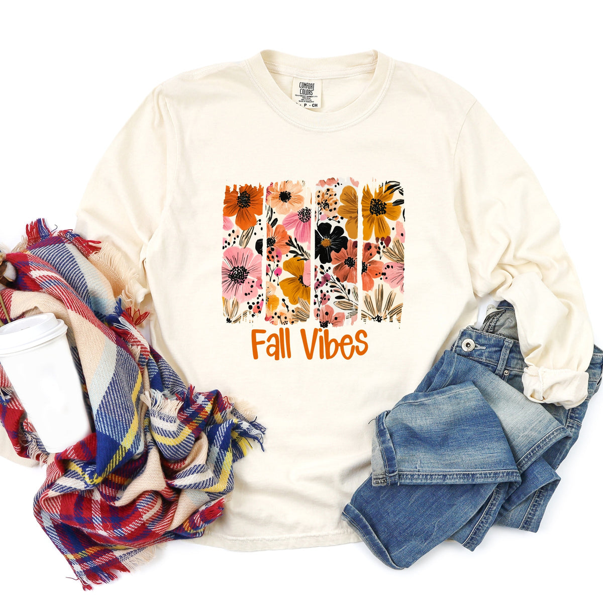 Fall Vibes Floral - Women's Garment Dyed Long Sleeve Graphic T-Shirt