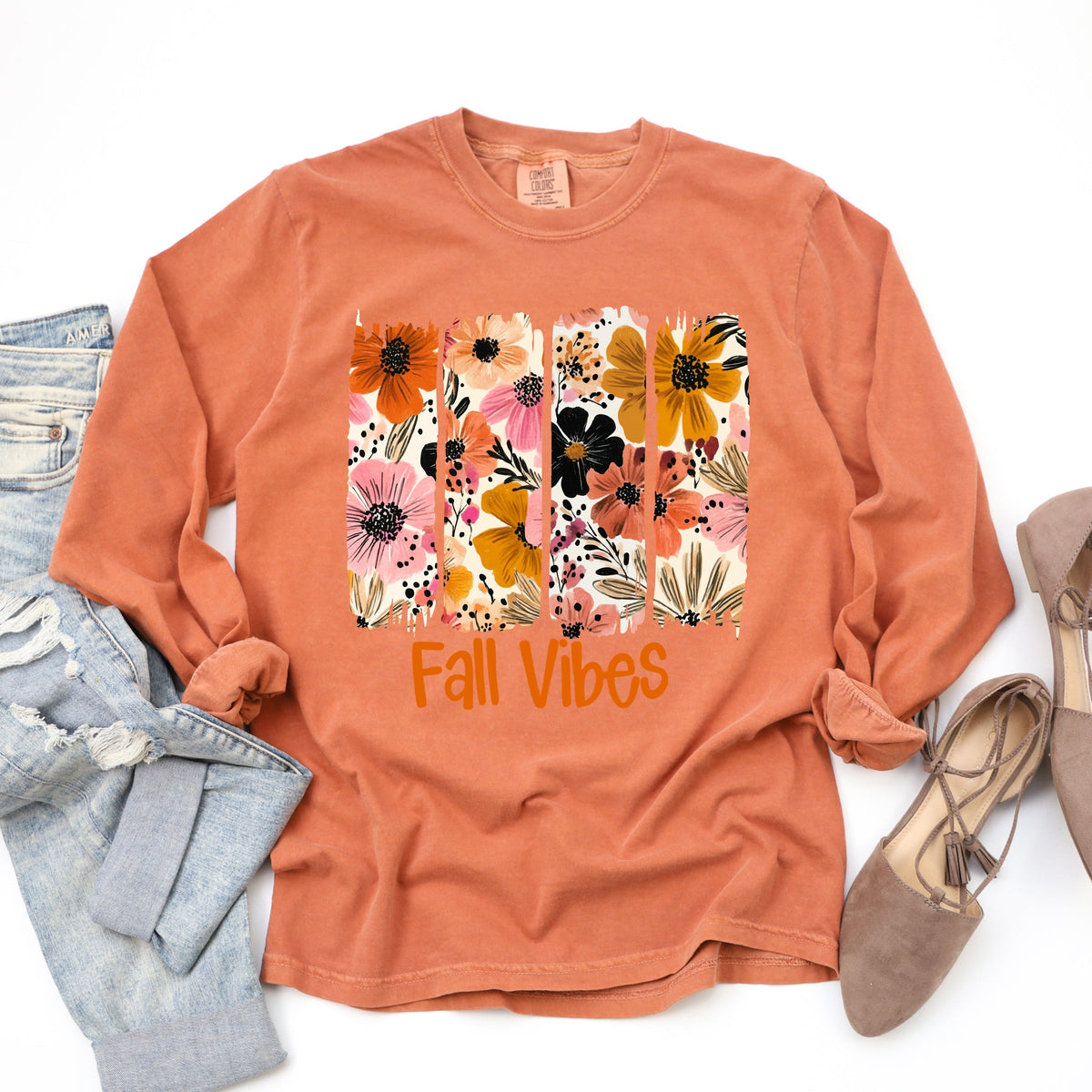 Fall Vibes Floral - Women's Garment Dyed Long Sleeve Graphic T-Shirt
