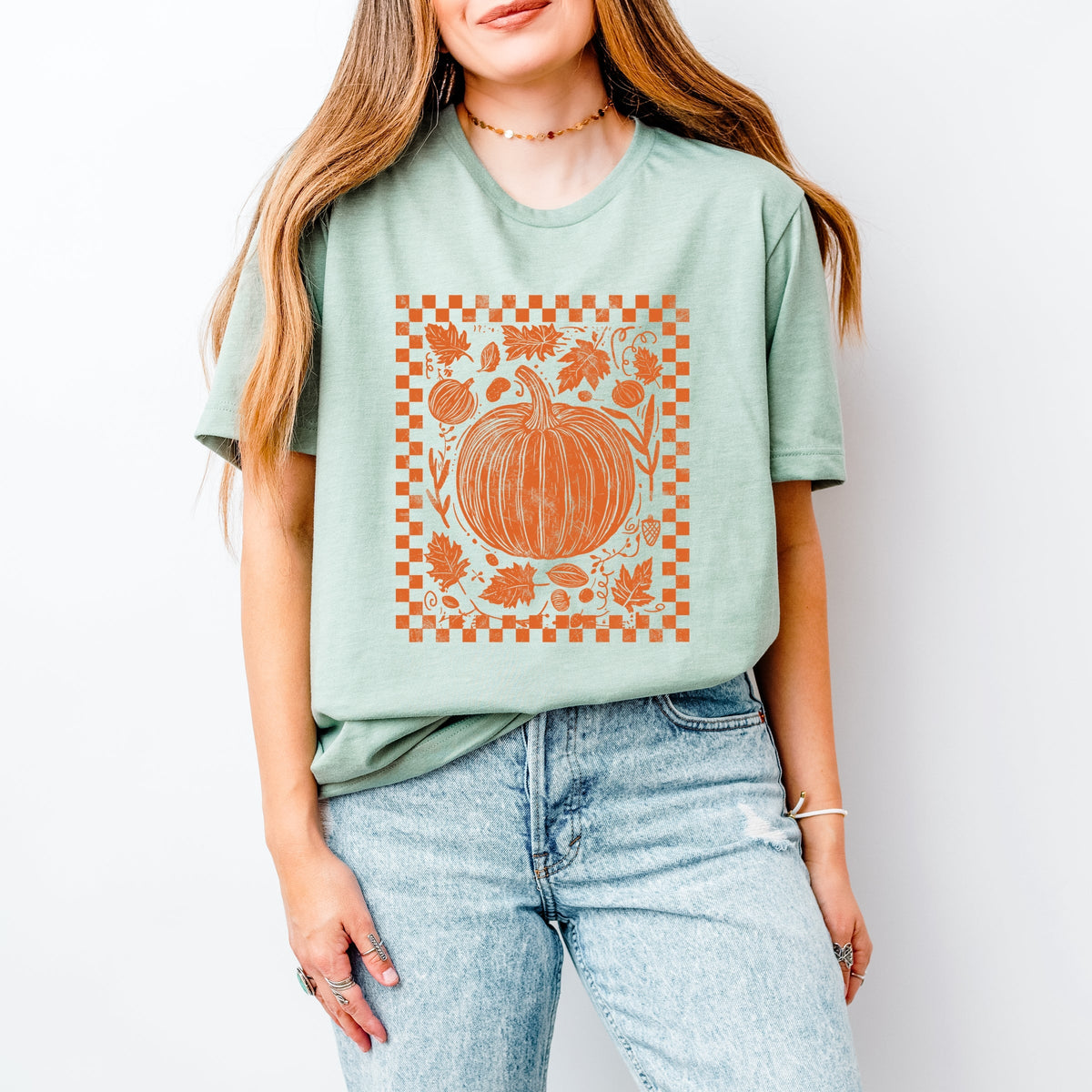 Pumpkin Checkered Distressed - Women's Short Sleeve Graphic T-Shirt