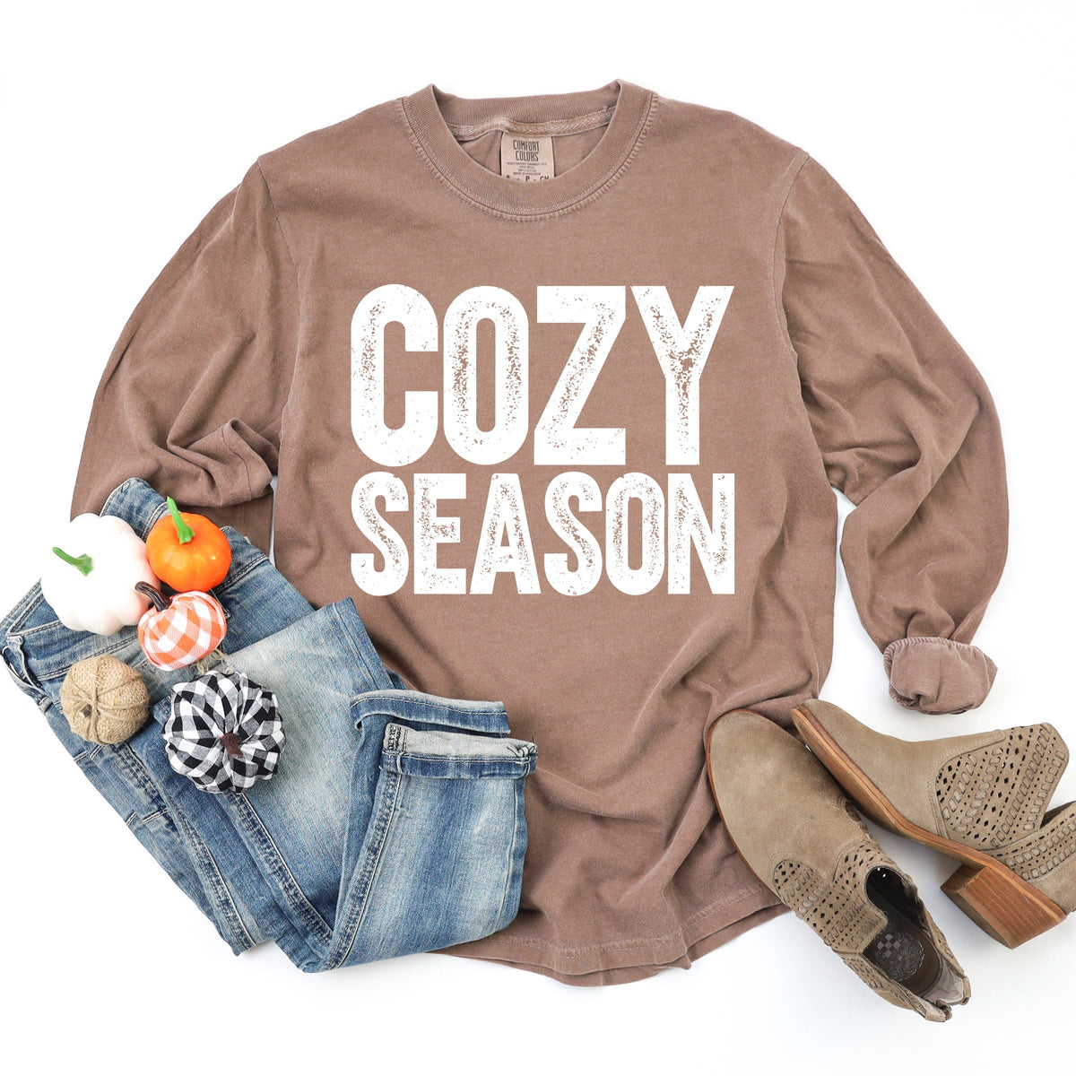 Cozy Season Bold Distressed - Women's Garment Dyed Long Sleeve Graphic T-Shirt
