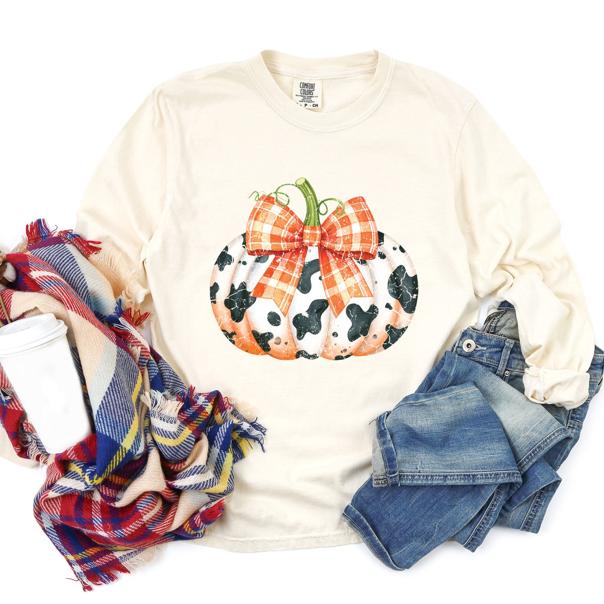 Cow Pumpkin Coquette Distressed - Garment Dyed Long Sleeve