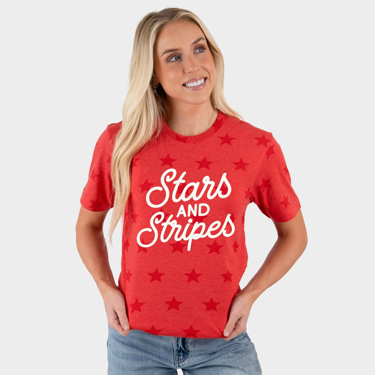 Stars and Stripes Slanted Cursive Puff Print - Women's Short Sleeve Star Tee