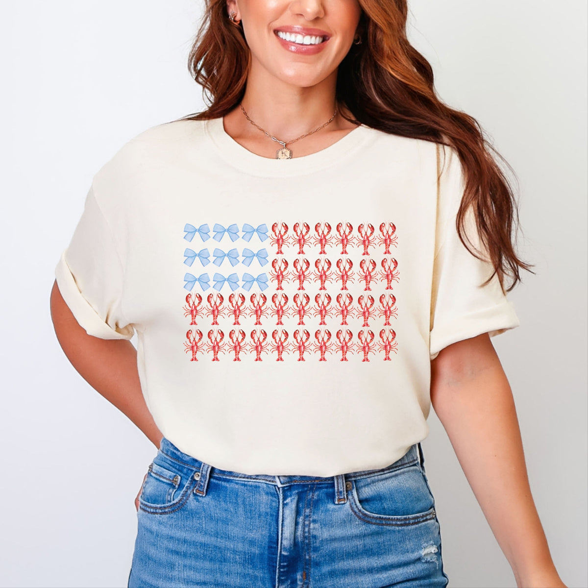 Lobster American Flag Coquette - Women's Garment Dyed Graphic T-Shirt
