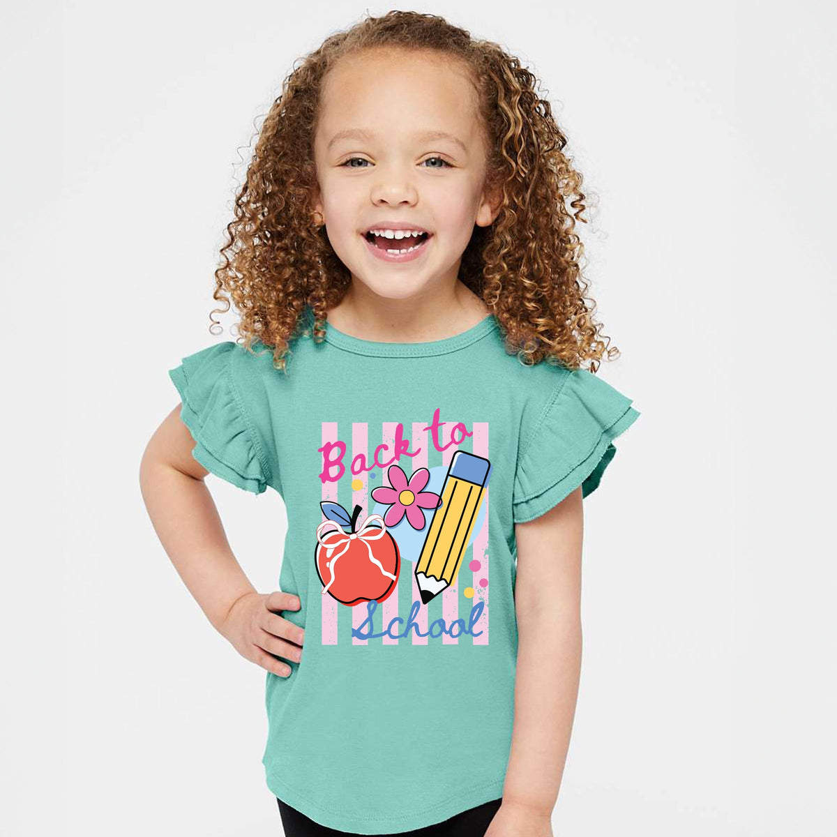Back To School Stripes - Girl's Flutter Sleeve Graphic T-Shirt