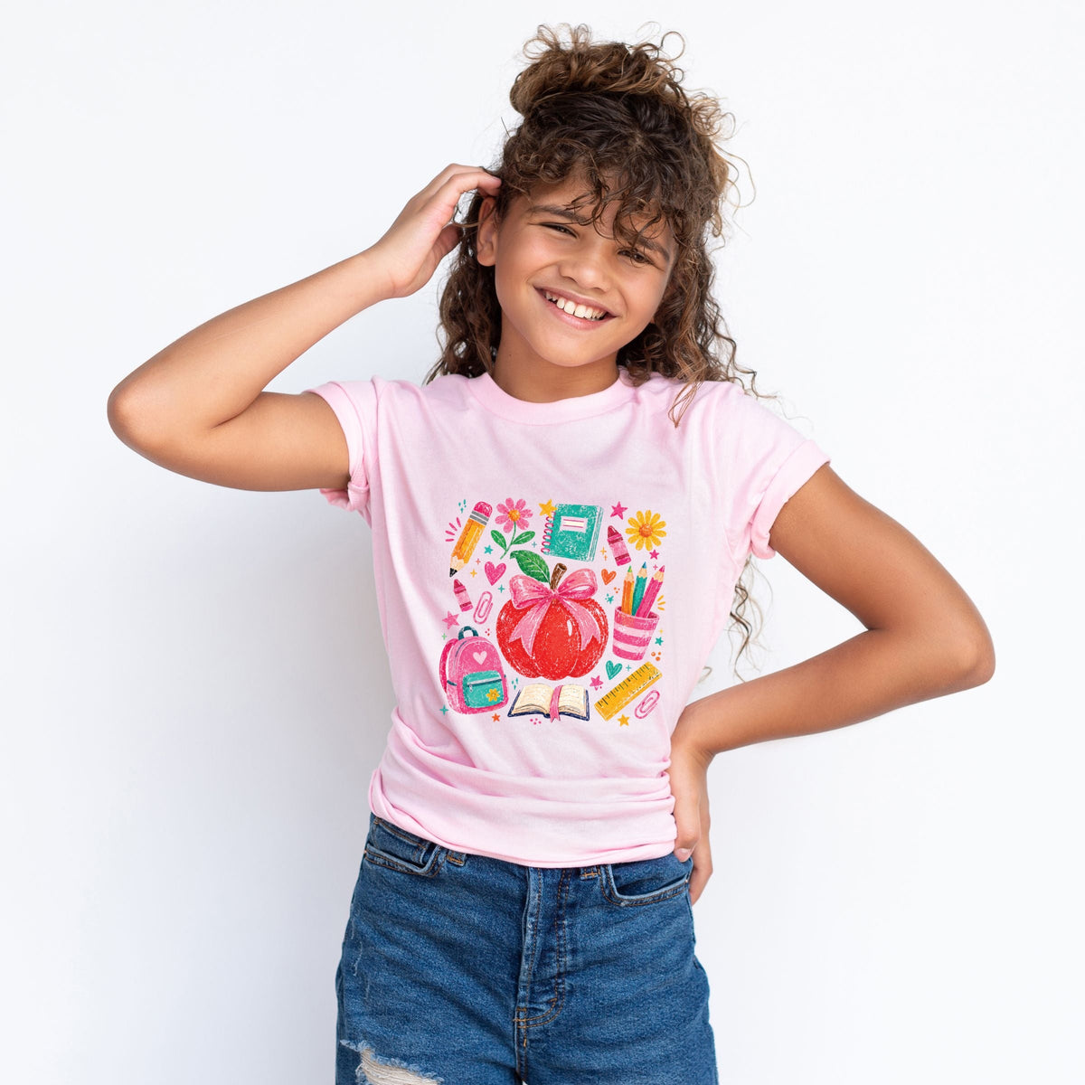 Back to School Apple and Supplies - Youth Short Sleeve Graphic T-Shirt