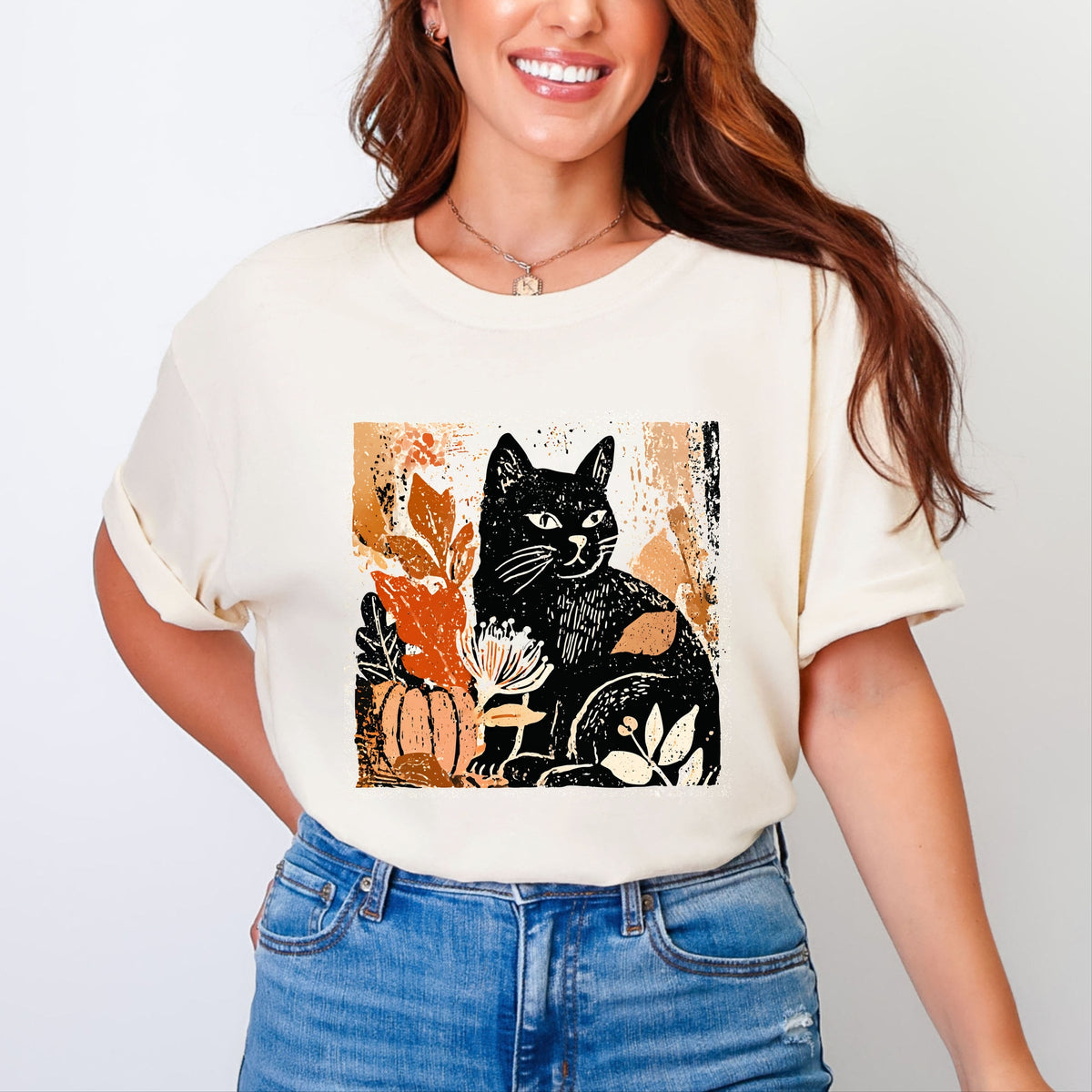 Black Cat Fall Leaves Distressed - Women's Garment Dyed Graphic T-Shirt