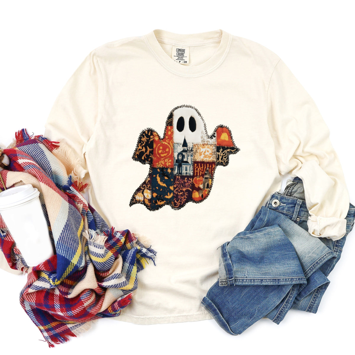Patchwork Ghost Printed - Womens Garment Dyed Long Sleeve