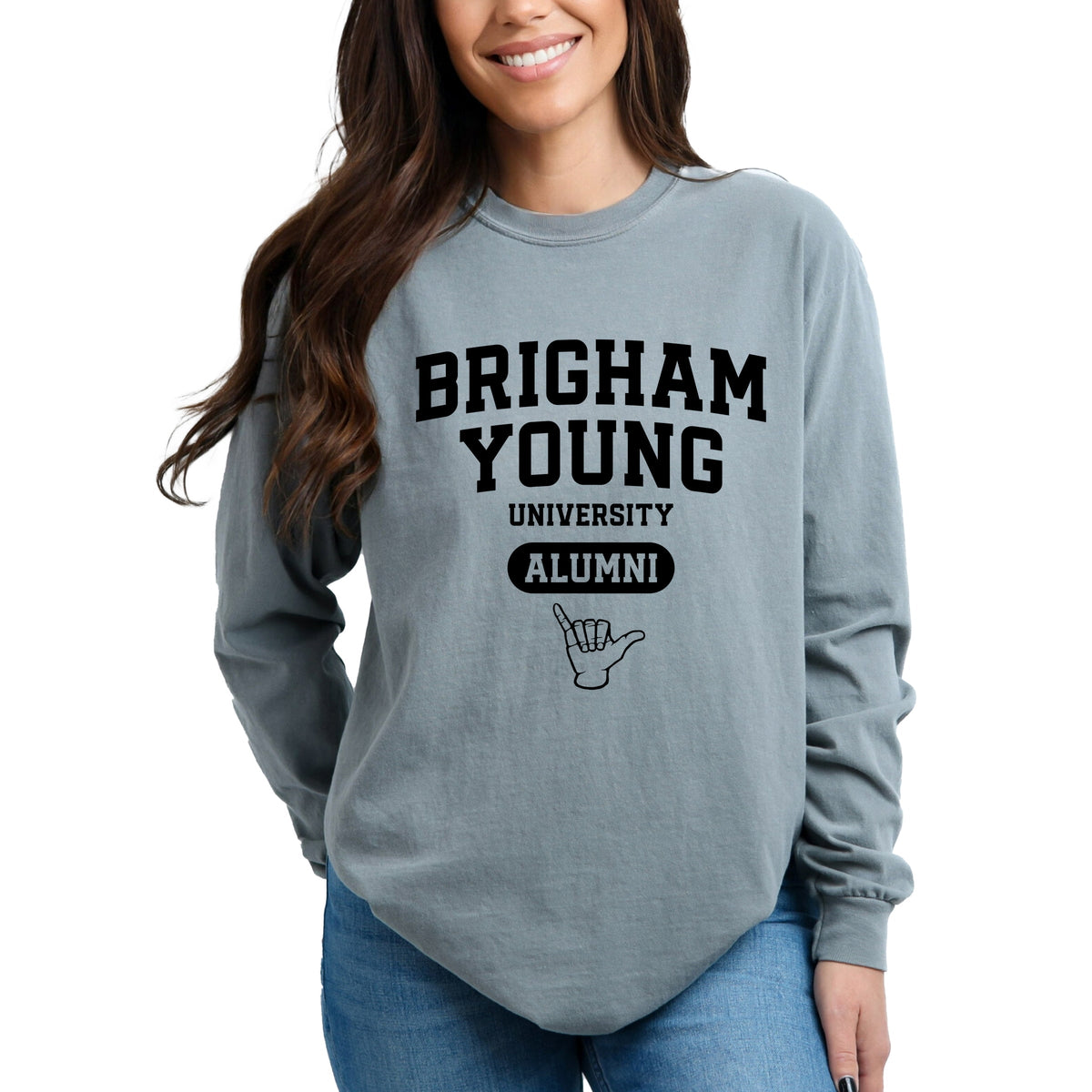 Licensed Brigham Young Alumni - Women's Garment Dyed Long Sleeve Graphic T-Shirt