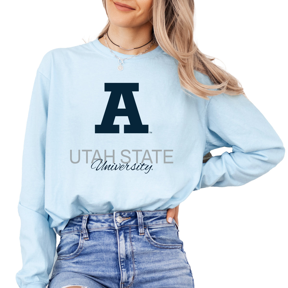 Licensed Utah State University Aggies A - Women's Garment Dyed Long Sleeve Graphic T-Shirt