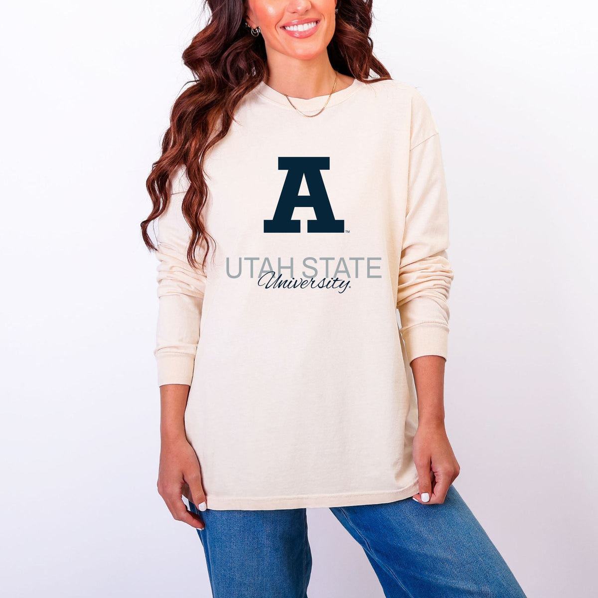 Licensed Utah State University Aggies A - Women's Garment Dyed Long Sleeve Graphic T-Shirt