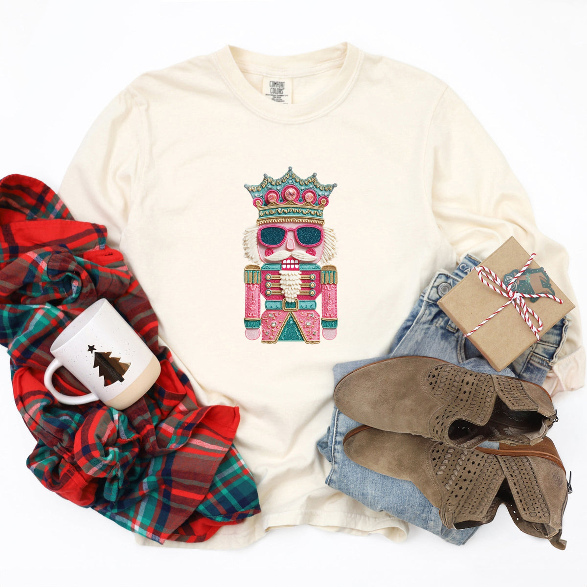 Pink and Teal Nutcracker Patchwork Print - Women's Garment Dyed Long Sleeve Graphic T-Shirt