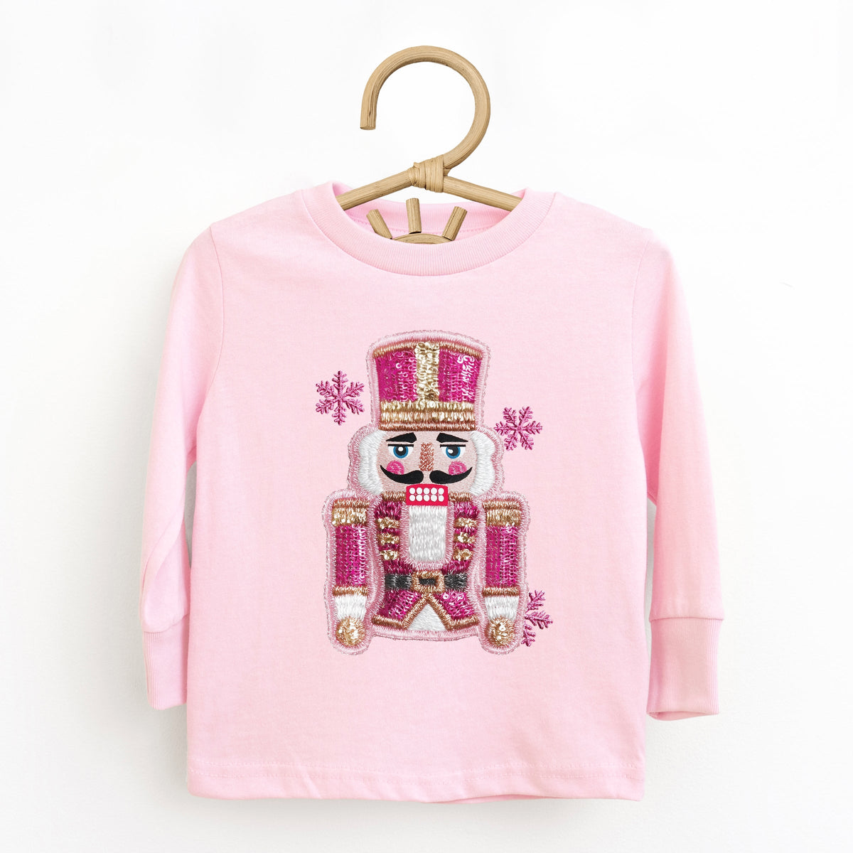 Pink Snowflake Nutcracker Patchwork Print - Toddler Long Sleeve Graphic Tee and Youth Long Sleeve Graphic T-Shirt