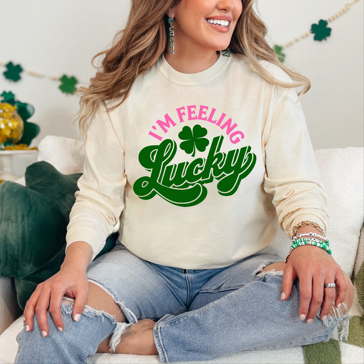 I'm Feeling Lucky Colorful - Women's Garment Dyed Long Sleeve Graphic T-Shirt