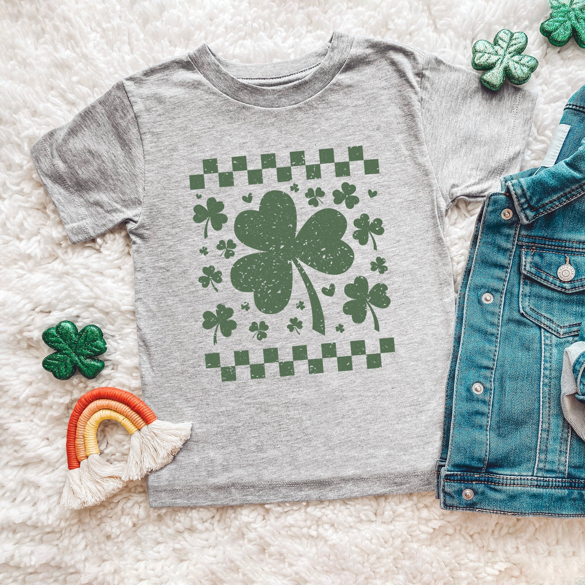 Clovers Checkered Distressed - Toddler Short Sleeve Graphic T-Shirt