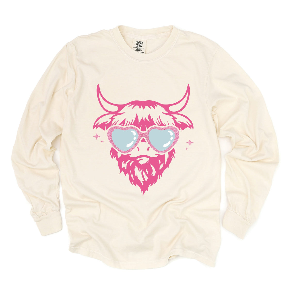 Cow Heart Glasses Glitter - Women's Garment Dyed Long Sleeve Graphic T-Shirt