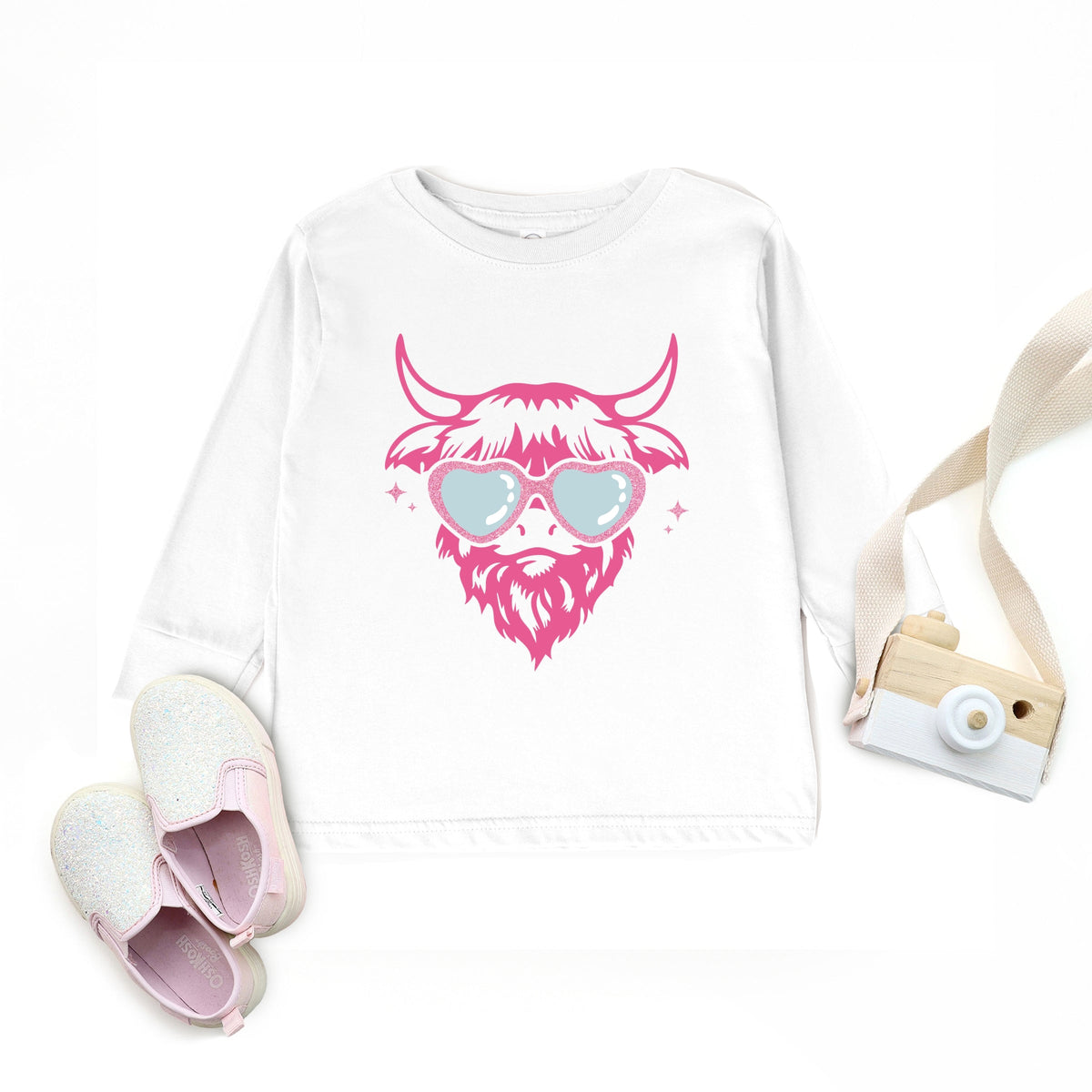 Cow Heart Glasses Glitter - Toddler Long Sleeve Graphic Tee