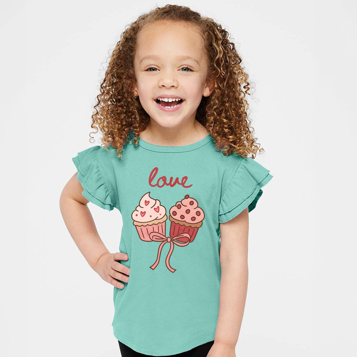 Love Cursive Cupcakes Coquette - Flutter Sleeve Graphic T-Shirt