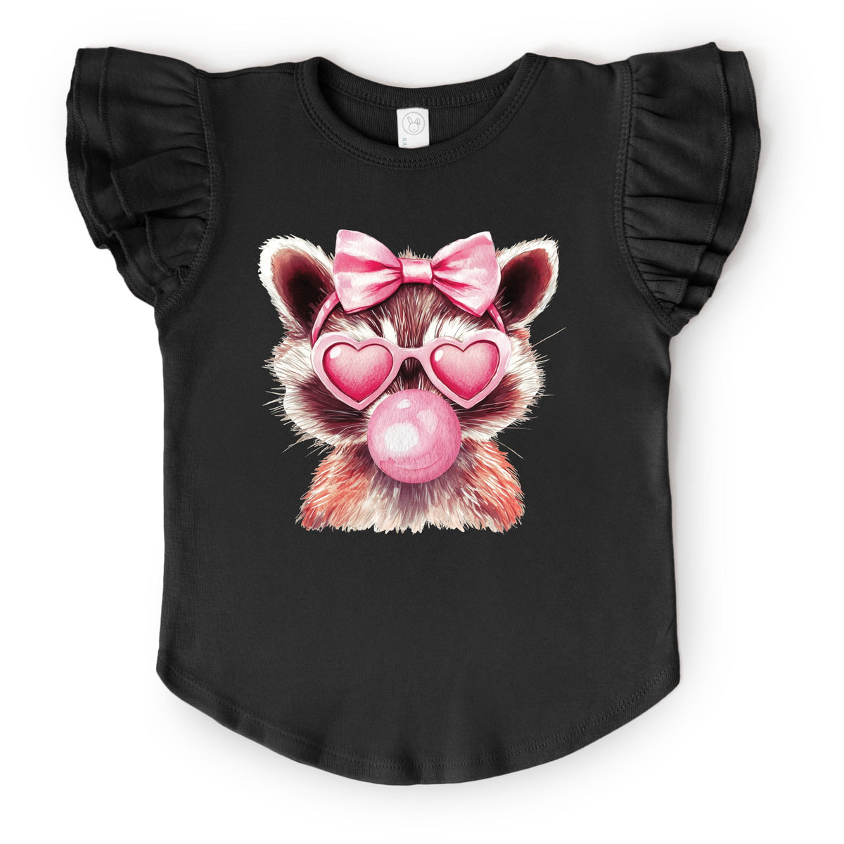 Valentine Raccoon With Bubblegum - Flutter Sleeve Graphic T-Shirt