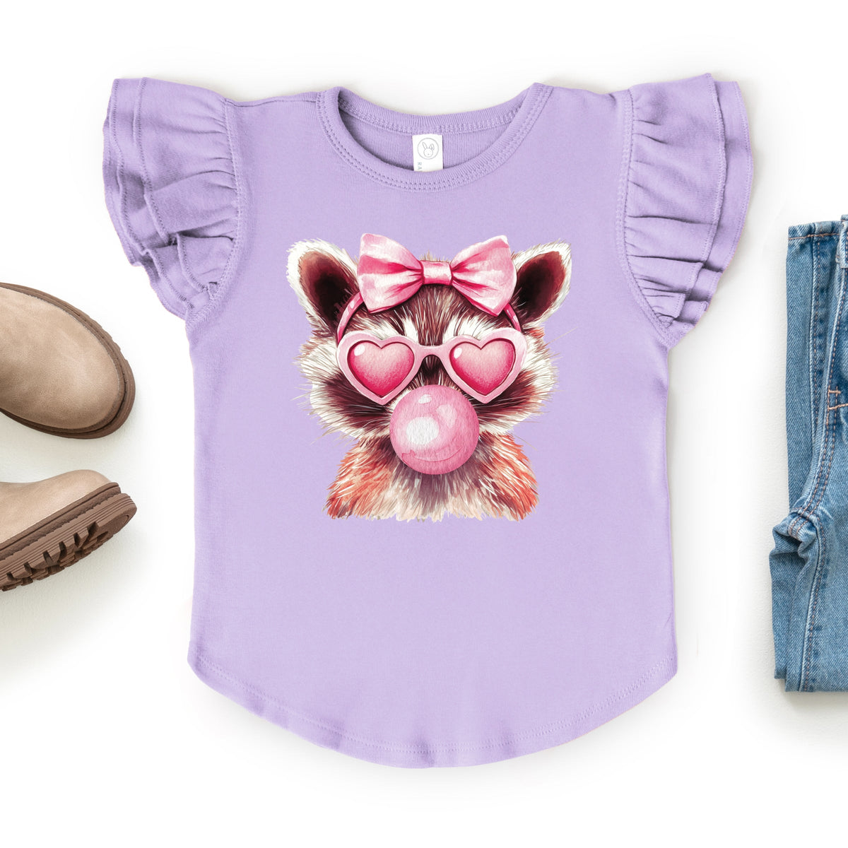 Valentine Raccoon With Bubblegum - Flutter Sleeve Graphic T-Shirt