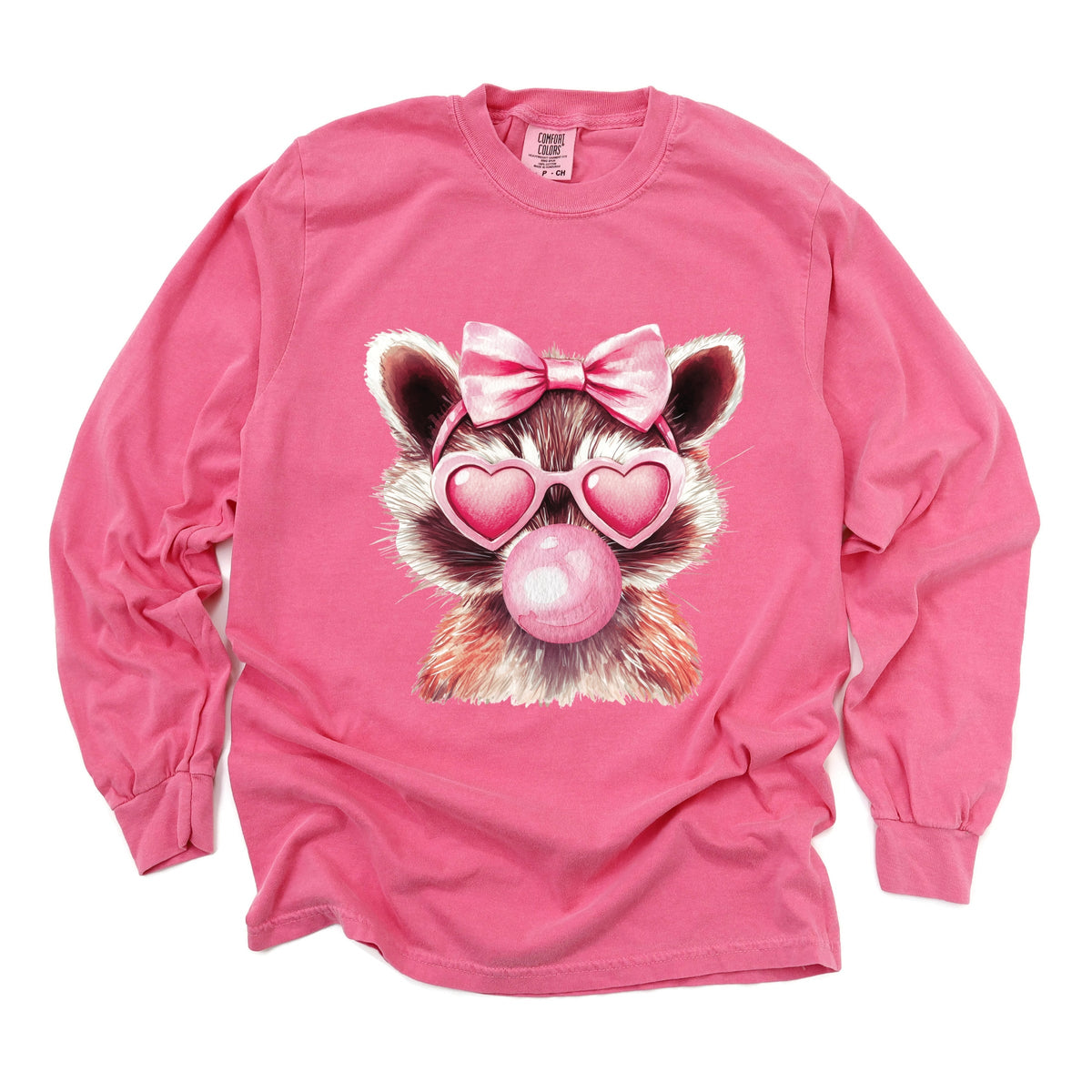 Valentine Raccoon With Bubblegum - Women's Garment Dyed Long Sleeve Graphic T-Shirt