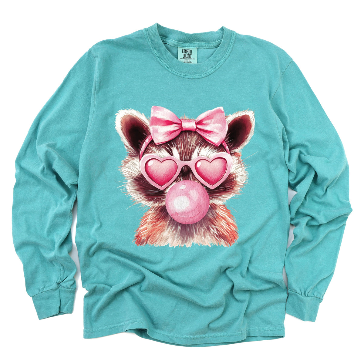 Valentine Raccoon With Bubblegum - Women's Garment Dyed Long Sleeve Graphic T-Shirt