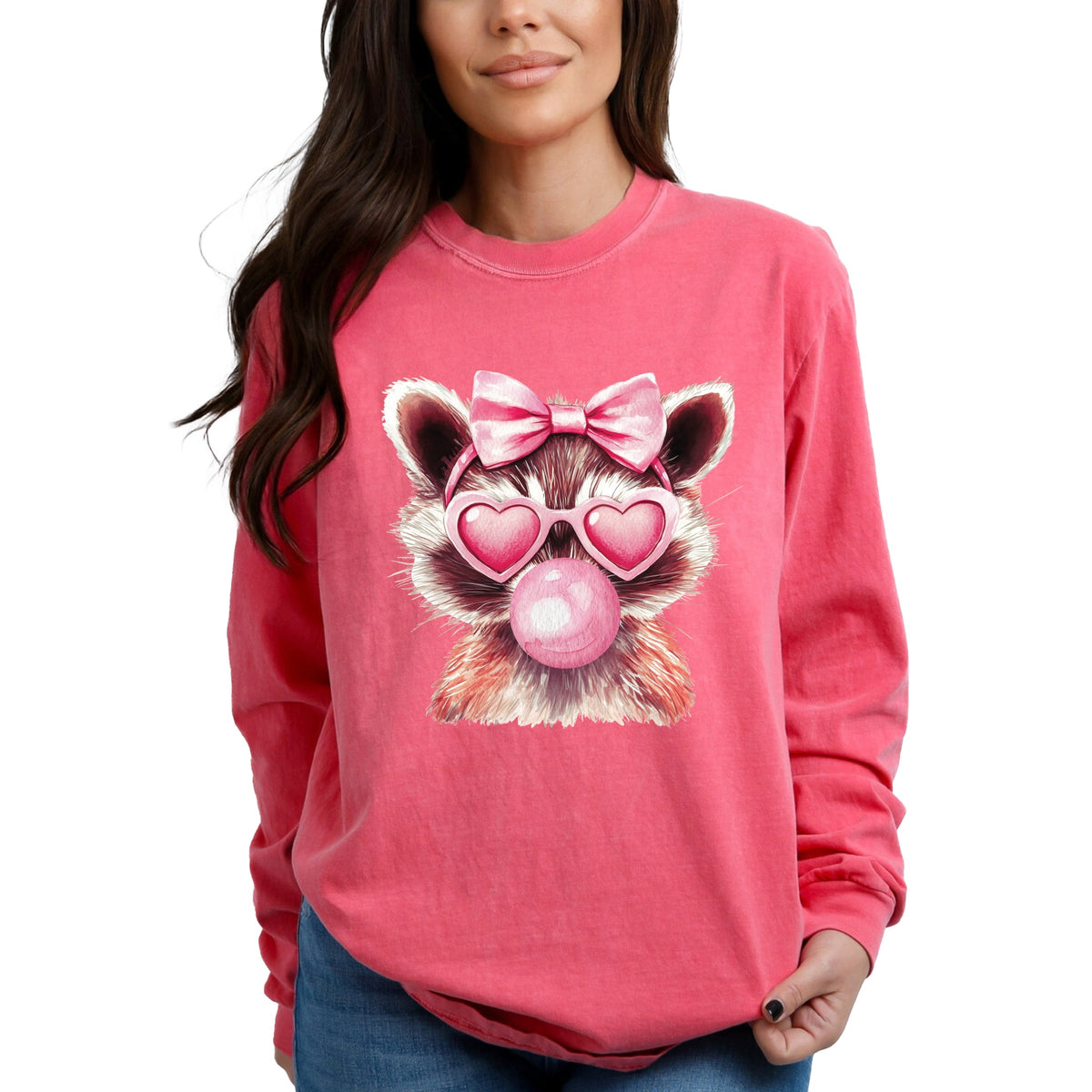 Valentine Raccoon With Bubblegum - Women's Garment Dyed Long Sleeve Graphic T-Shirt