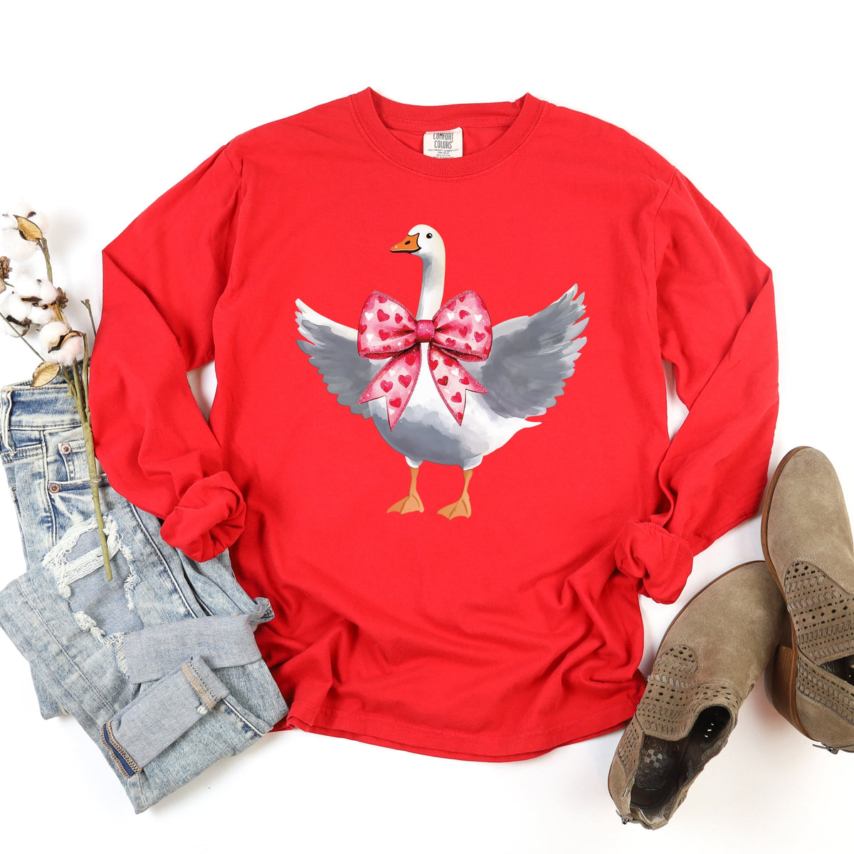Valentine Goose Coquette - Women's Garment Dyed Long Sleeve Graphic T-Shirt