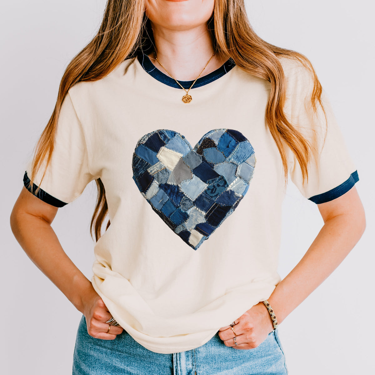 Demin Heart Print - Women's Ringer Graphic T-Shirt