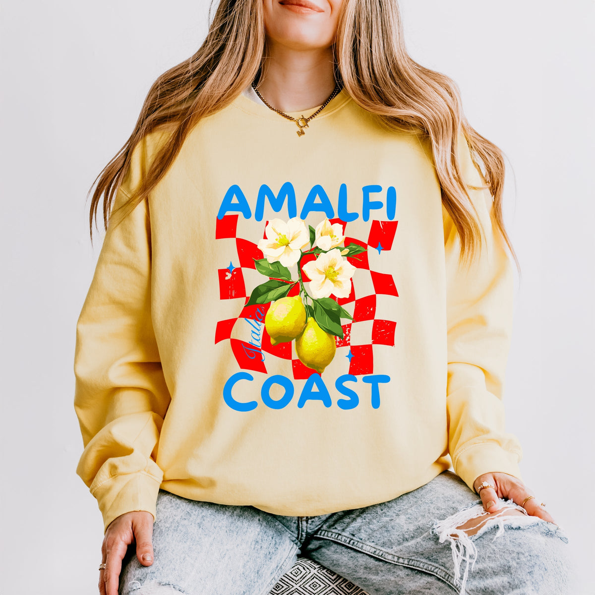 Amalfi Coast Red Checkerboard - Women's Lightweight Garment Dyed Sweatshirt