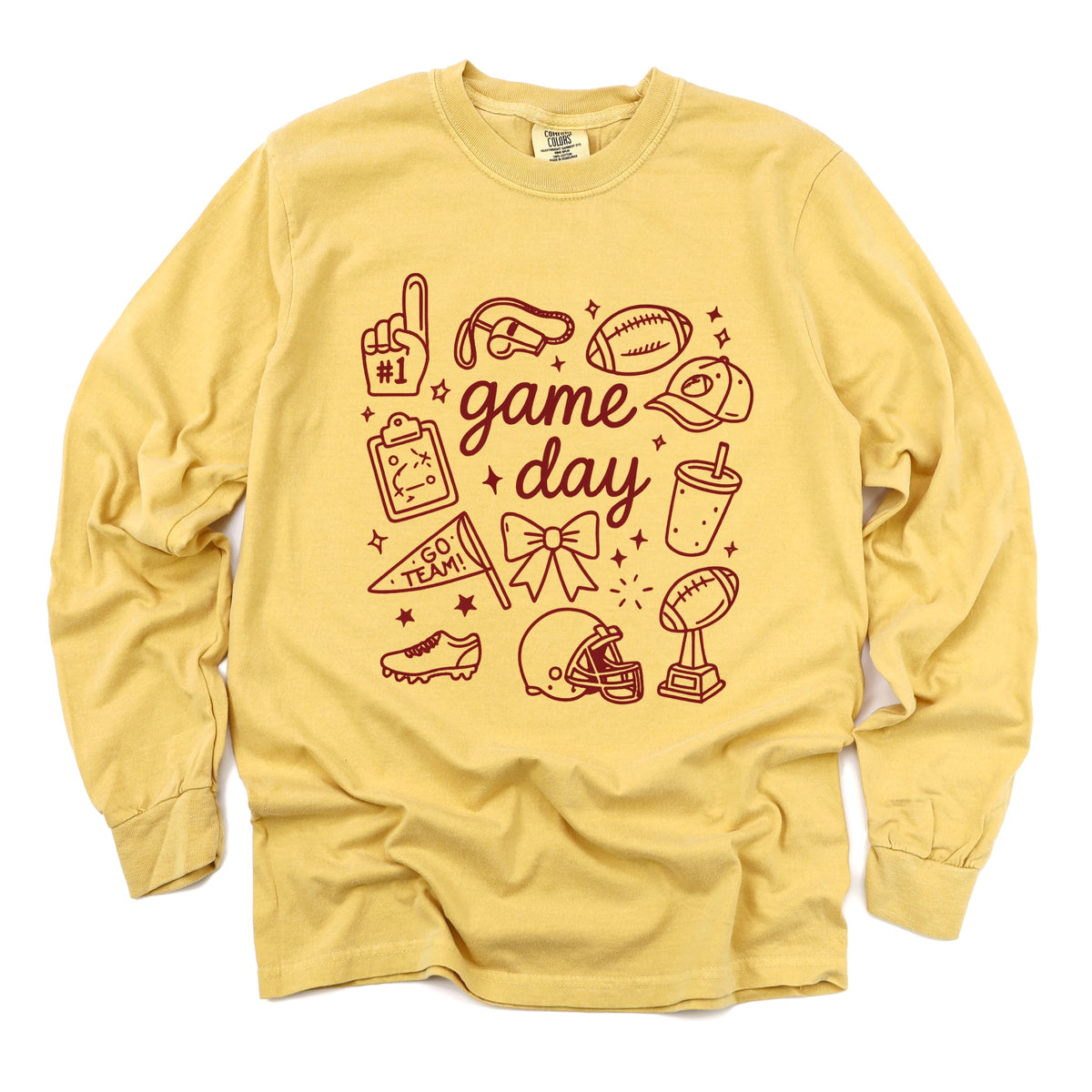 Game Day Football Sketched Collage - Women's Garment Dyed Long Sleeve Graphic T-Shirt
