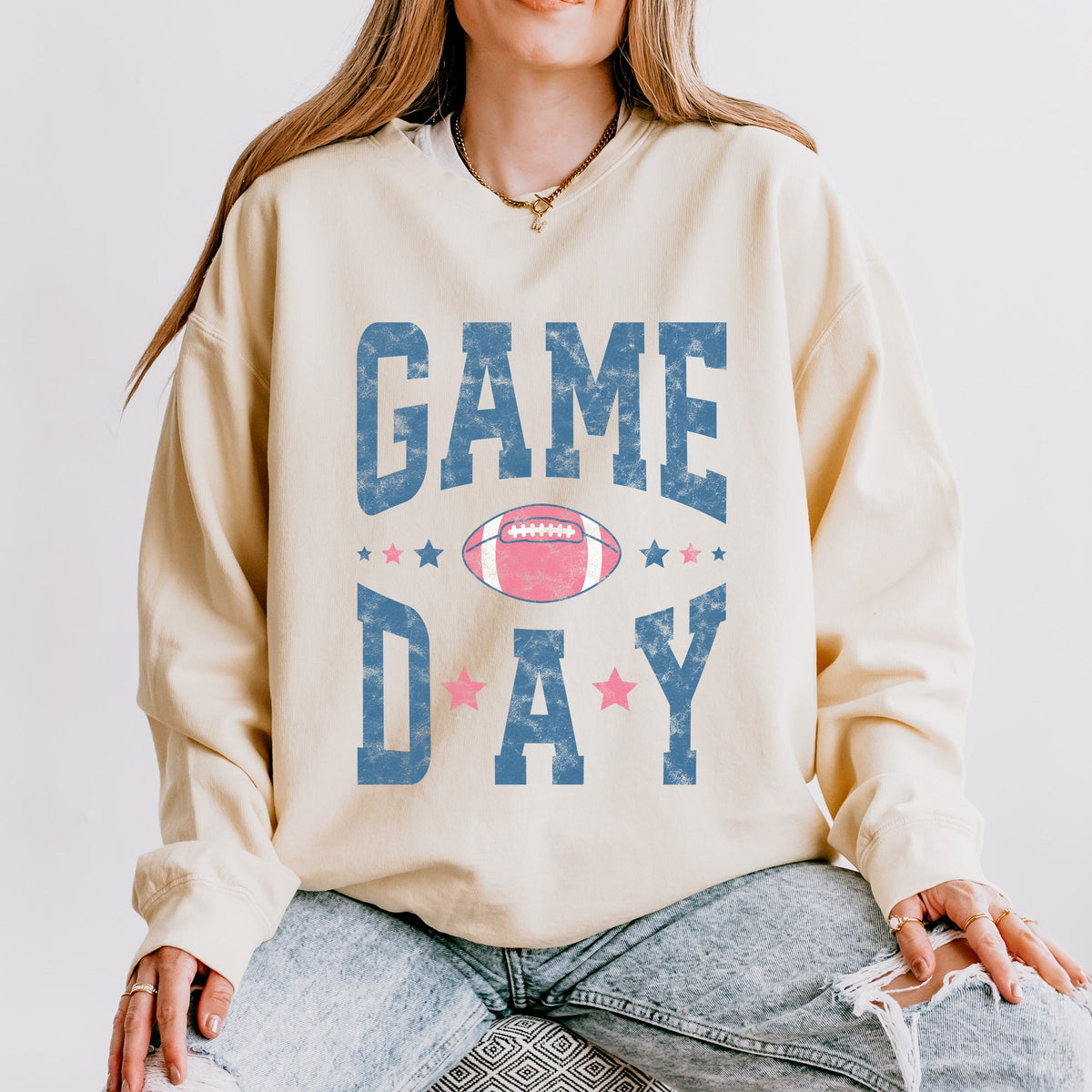 Game Day Blue Distressed - Women's Lightweight Garment Dyed Sweatshirt