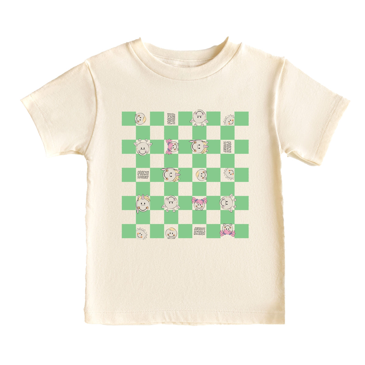 Mini Smiley Checkered Characters Green - Toddler Short Sleeve Graphic T-Shirt