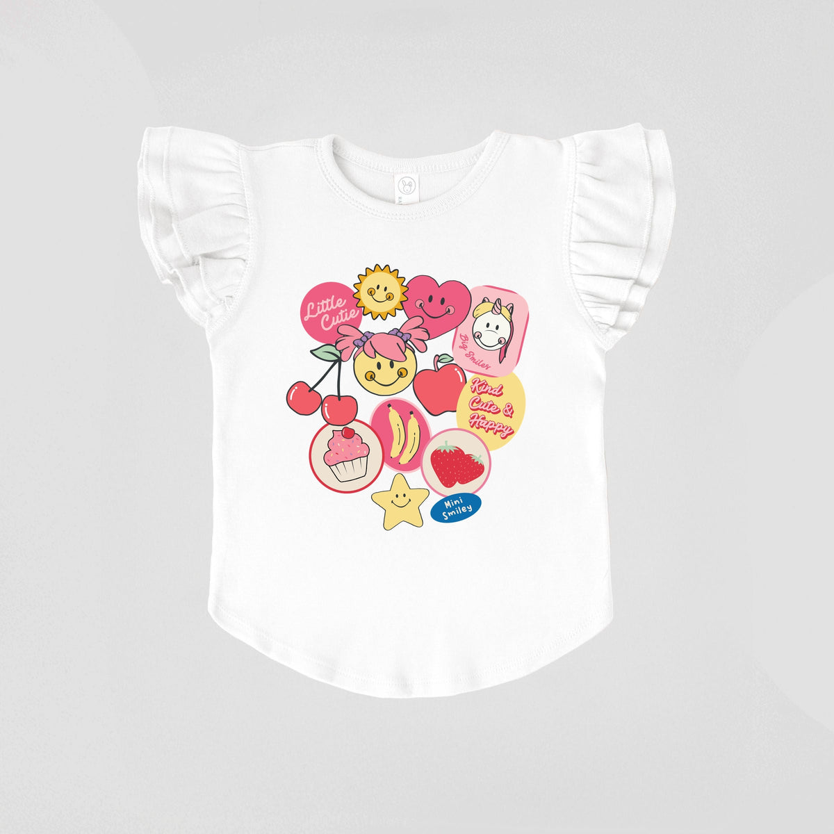 Mini Smiley Little Cutie Fruit Stickers - Flutter Sleeve Graphic T-Shirt