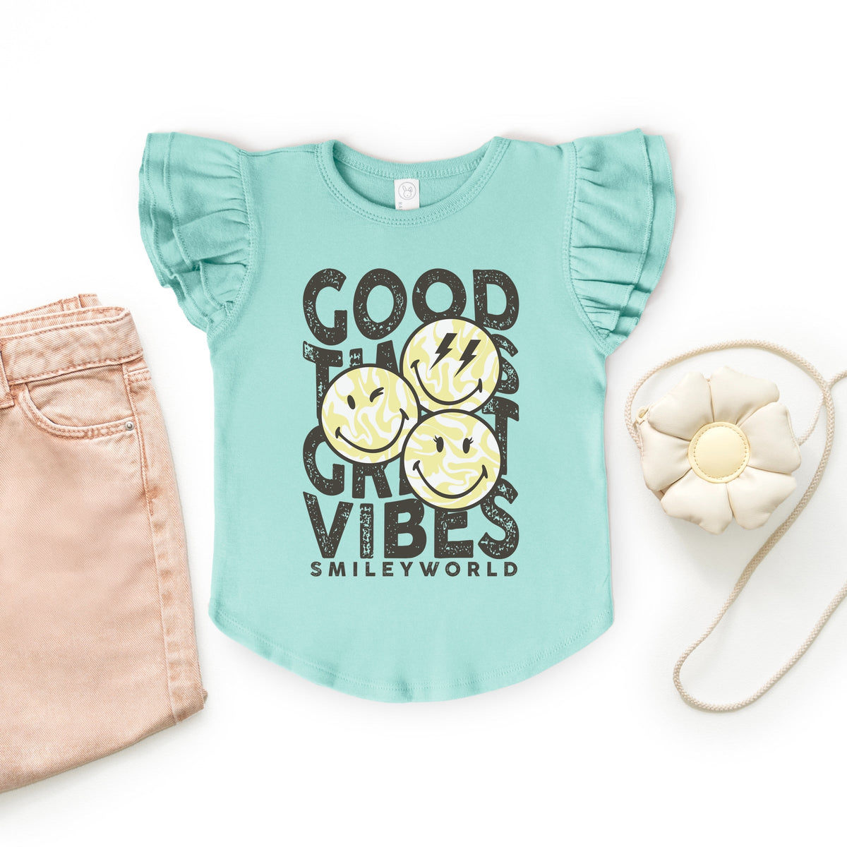 SmileyWorld Good Times Great Vibes - Flutter Sleeve Graphic T-Shirt