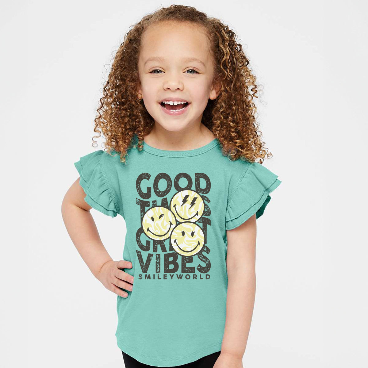 SmileyWorld Good Times Great Vibes - Flutter Sleeve Graphic T-Shirt