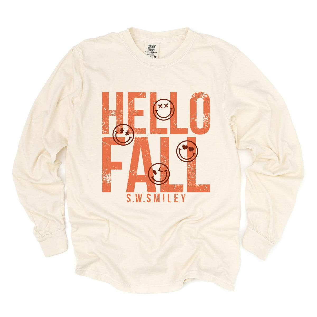 S.W.Smiley Hello Fall - Womens Garment Dyed Long Sleeve Graphic T-Shirt