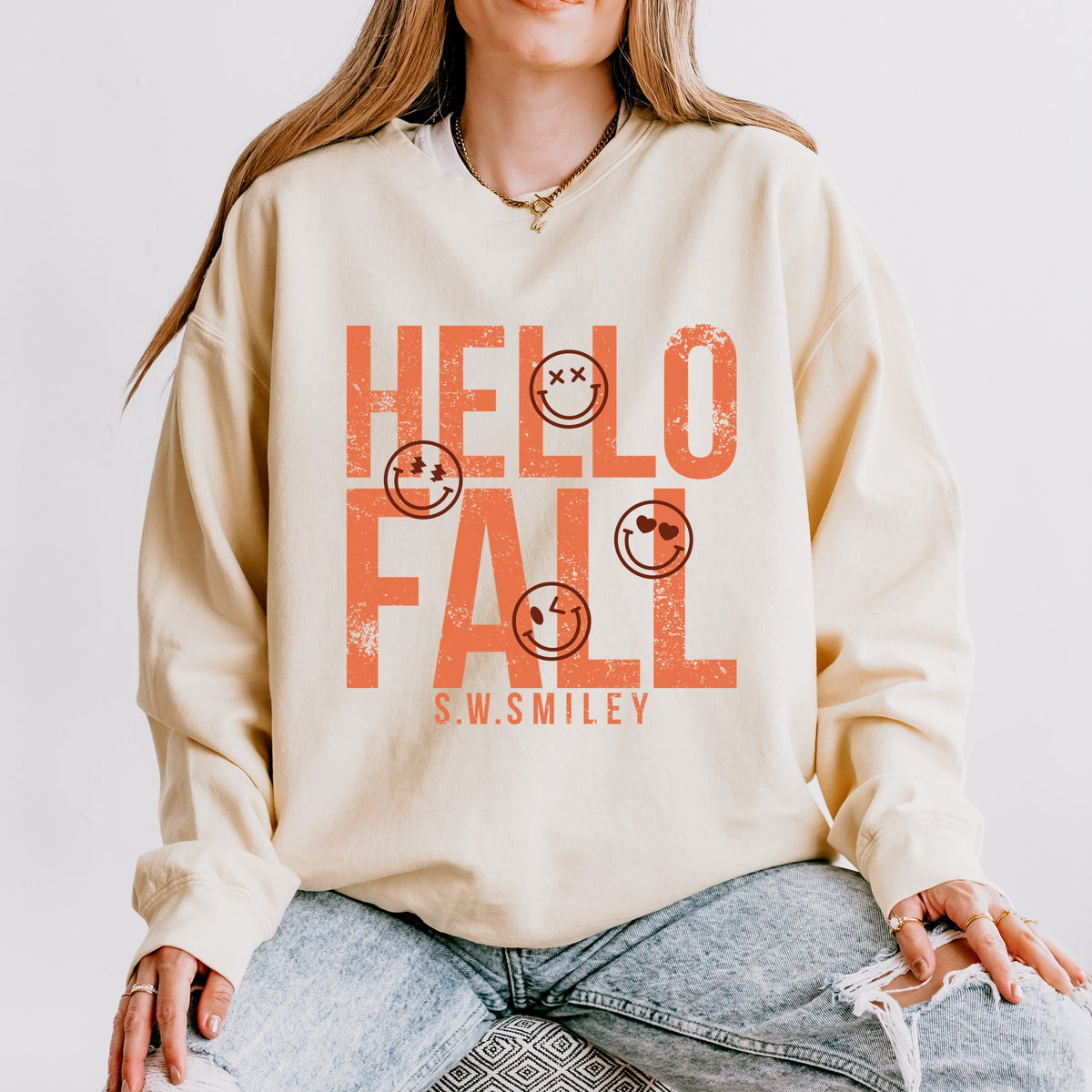 S.W.Smiley Hello Fall - Women's Lightweight Garment Dyed Sweatshirt