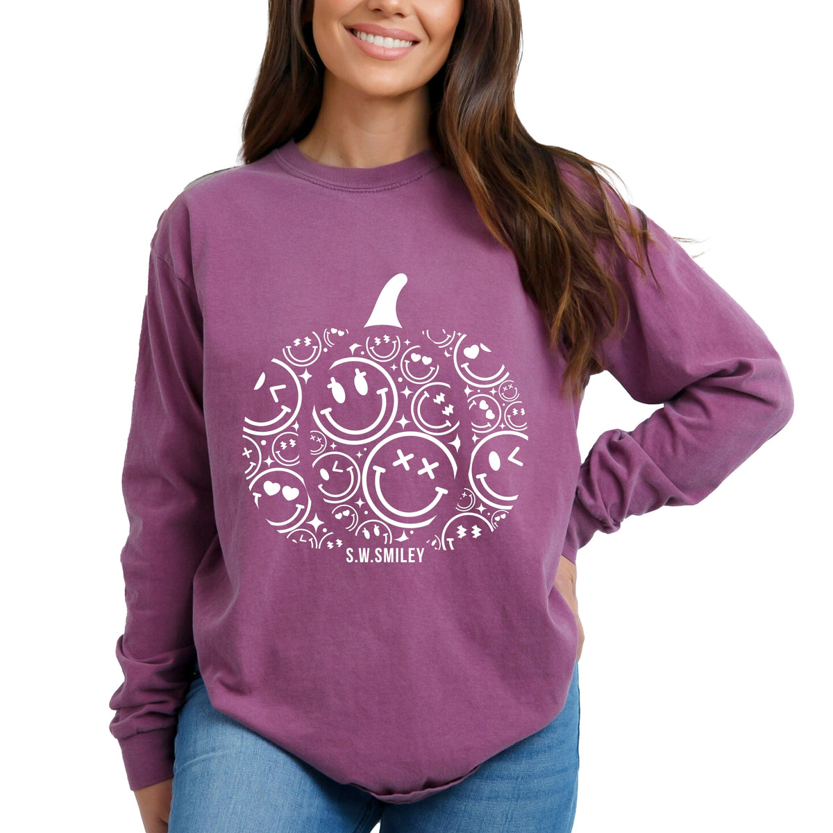 S.W.Smiley Pumpkin Outline - Garment Dyed Long Sleeve