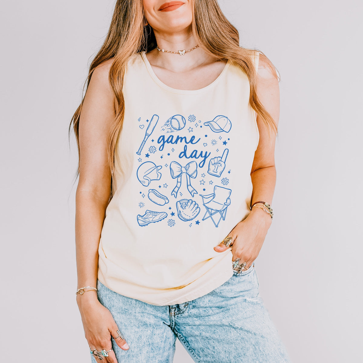 Baseball Game Day Sketched Collage - Women's Garment Dyed Graphic Tank Top